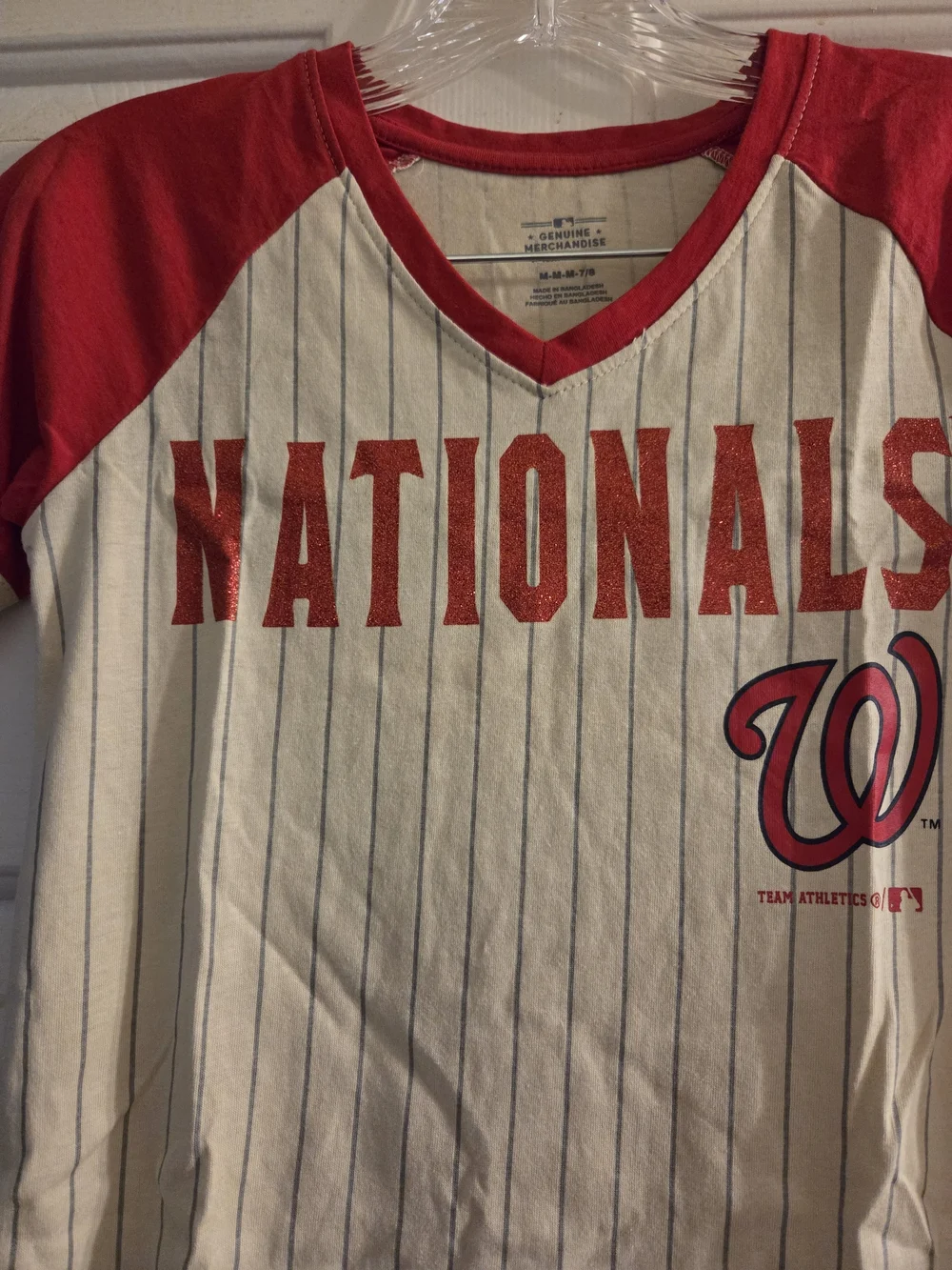 Genuine Merchandise Washington Nationals Red and White Pinstripe V-Neck Tee